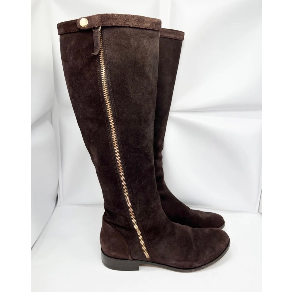 J Crew Women Sz 7 Brown Suede Leather Tall Riding Boots Full Zip Up